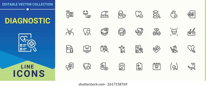 Diagnostic icon set. Containing report, checkup, doctor, laboratory and more. Health Checkup icon set. Minimal thin line web icons set. Editable stroke. Pixel Perfect.