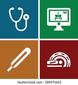 diagnostic icons set. Set of 4 diagnostic filled icons such as stethoscope, themometer, x-ray on display