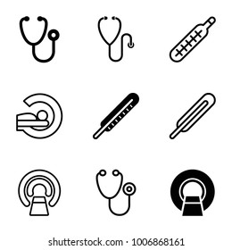 Diagnostic icons. set of 9 editable filled and outline diagnostic icons such as stethoscope, themometer, mri