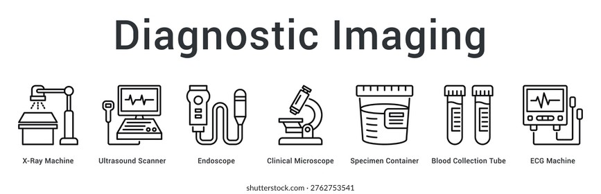 Diagnostic imaging banner web icon combines advanced visualization and testing equipment for accurate medical diagnosis.
