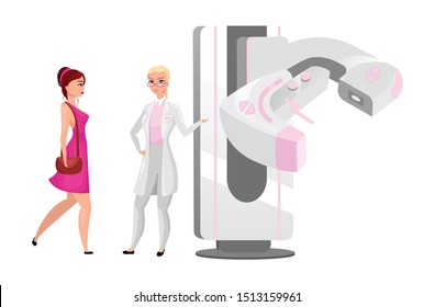 Diagnostic mammography flat vector illustration. Woman breast screening procedure. Physician with modern X ray machine. Radiography procedure. Female patient with mammologist cartoon characters