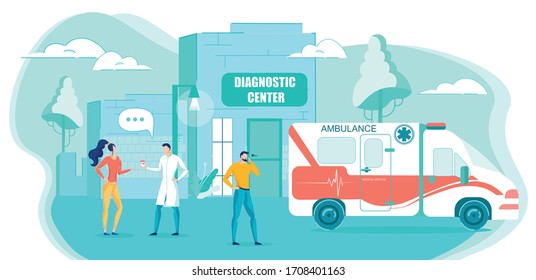 Diagnostic Medical Center or Tomography Examination Clinic Building Facade with Ambulance Car and People Cartoon CHaracters. Franchising and Licencing in Healthcare Industry. Flat Vector Illustration.
