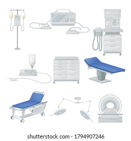 Diagnostic Medical Equipment with Surgical Table and Patient Monitor Vector Set