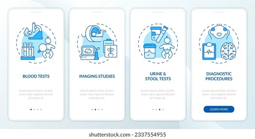 Diagnostic procedures for children blue onboarding mobile app screen. Walkthrough 4 steps editable graphic instructions with linear concepts. UI, UX, GUI template. Myriad Pro-Bold, Regular fonts used