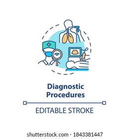 Diagnostic procedures concept icon. Professional medical analysis, diagnosis determination idea thin line illustration. Doctor examination. Vector isolated outline RGB color drawing. Editable stroke