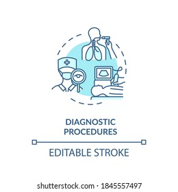Diagnostic procedures concept icon. Professional medical analysis, healthcare service idea thin line illustration. Doctor examination. Vector isolated outline RGB color drawing. Editable stroke