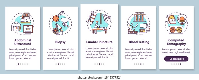 Procedimientos de diagnóstico a bordo de la pantalla de la aplicación móvil con conceptos. Paseo de reconocimiento médico profesional a través de cinco pasos de instrucciones gráficas. plantilla de vector de interfaz de usuario con ilustraciones de color RGB