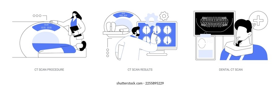 Conjunto de ilustración de vector de concepto abstracto de radiología diagnóstica. Procedimiento de tomografía computarizada, resultados de tomografía computarizada, radiografía dental dental panorámica, examen médico en metáfora abstracta hospitalaria.