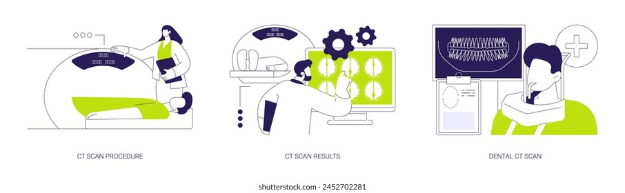 Diagnostic radiology abstract concept vector illustration set. Computed tomography procedure, CT scan results, panoramic dental X-ray, medical examination in hospital abstract metaphor.