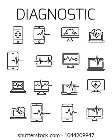 Diagnostic related vector icon set. Well-crafted sign in thin line style with editable stroke. Vector symbols isolated on a white background. Simple pictograms.