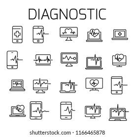Diagnostic related vector icon set. Well-crafted sign in thin line style with editable stroke. Vector symbols isolated on a white background. Simple pictograms.