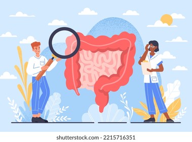 Diagnostic research intestines. Man and woman with magnifying glass examine organs. Specialists make diagnosis and choose method of treatment. Poster or banner. Cartoon flat vector illustration