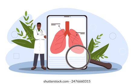 Diagnostic research lungs concept. Man in medical uniform with stethoscope and magnifying glass studies respiratory system. Treatment and diagnosis. Cartoon flat vector illustration