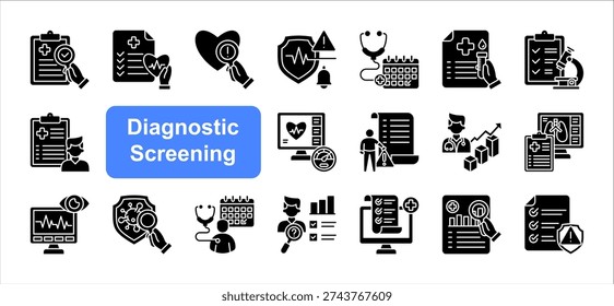 Diagnostic Screening icon set, with Vital Check, Symptom Review, Clinical Evaluation, Diagnostic Repo.