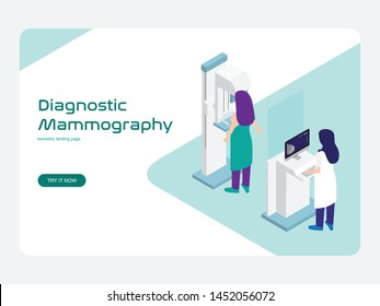 Diagnostic and screening Mammography vector, the doctor checks the patient's breast health using a mammogram machine. Modern flat isometric design