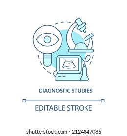 Diagnostic studies turquoise concept icon. Hospice service and equipment abstract idea thin line illustration. Isolated outline drawing. Editable stroke. Arial, Myriad Pro-Bold fonts used