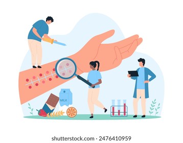 Diagnostic test for food allergy. Tiny people with magnifying glass check allergic reaction on big human hand skin of patient, allergists research allergens and menu bans cartoon vector illustration