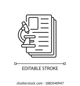 Diagnostic test linear icon. Examining, assessing, diagnosing illnesses, conditions in patients. Thin line customizable illustration. Contour symbol. Vector isolated outline drawing. Editable stroke