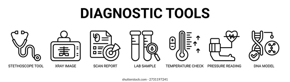 Diagnostic Tools web banner icon vector illustration concept with icon of stethoscope tool, xray image, scan report, lab sample, temperature check, pressure reading, and dna model.