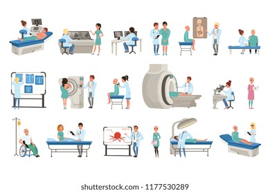 Diagnostic and treatment of cancer set, doctors, patients and equipment for oncology medicine vector Illustrations