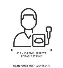 Diagnostic ultrasound pixel perfect linear icon. Sonogram technology. Diagnostics technique. Healthcare service. Thin line illustration. Contour symbol. Vector outline drawing. Editable stroke