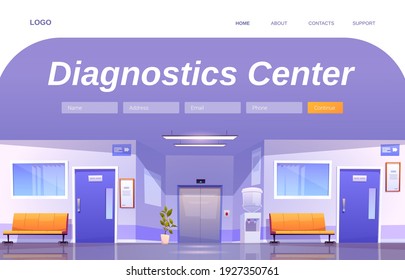 Diagnostics center cartoon landing page. Hospital corridor interior, empty medical clinic hallway in with chairs, doors to wards, water cooler and elevator, health care service, Vector web banner