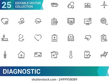 Conjunto de iconos de diagnóstico y equipo. Colección y paquete de iconos lineales de Web y UI. Trazo editable. Ilustración vectorial.