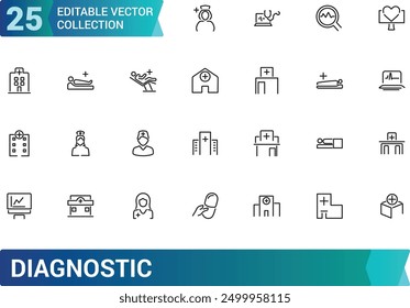 Conjunto de iconos de diagnóstico y equipo. Colección y paquete de iconos lineales de Web y UI. Trazo editable. Ilustración vectorial.