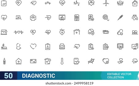 Conjunto de iconos de diagnóstico y equipo. Colección y paquete de iconos lineales de Web y UI. Trazo editable. Ilustración vectorial.