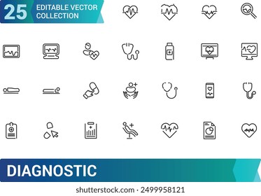 Diagnostics and equipment icon set. Collection and pack of linear web and ui icons. Editable stroke. Vector illustration.