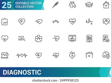 Diagnostics and equipment icon set. Collection and pack of linear web and ui icons. Editable stroke. Vector illustration.