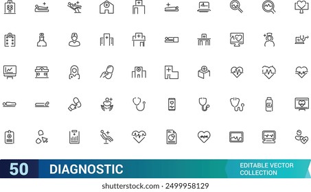 Conjunto de iconos de diagnóstico y equipo. Colección y paquete de iconos lineales de Web y UI. Trazo editable. Ilustración vectorial.