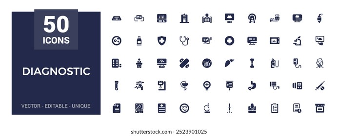 Diagnostics and equipment icons set. Collection of solid web and ui icon. Glyph for web and ui. Filled icon pack, Solid icons set. Vector illustration.