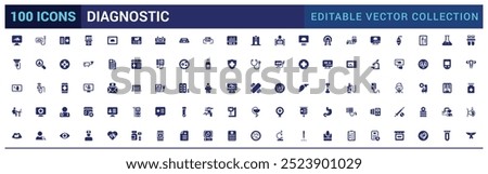 Diagnostics and equipment icons set. Collection of solid web and ui icon. Glyph for web and ui. Filled icon pack, Solid icons set. Vector illustration.