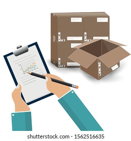 diagnostics with graphics in a folder in the hands and boxes for quality control, mark for the report on the quality of goods, quality control of cardboard boxes in the factory warehouse, packaging of