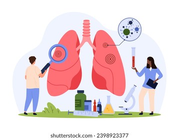 Diagnostics of lung disease, pulmonology vector illustration. Cartoon tiny people check patients lungs with magnifying glass on respiratory system examination, organ inspection by pulmonologists