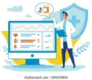 Diagnostics and Medical Consultation Application on Computer Flat Cartoon Vector Illustration. Digital Health Concept with Doctor Analysing Indicators and Prescribing Pills. Innovative Technology.