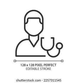 Diagnostics pixel perfect linear icon. Determine disease. Physician checkup. Medical procedure. Symptoms and signs. Thin line illustration. Contour symbol. Vector outline drawing. Editable stroke