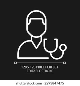 Diagnostics pixel perfect white linear icon for dark theme. Determine disease. Physician checkup. Medical procedure. Thin line illustration. Isolated symbol for night mode. Editable stroke