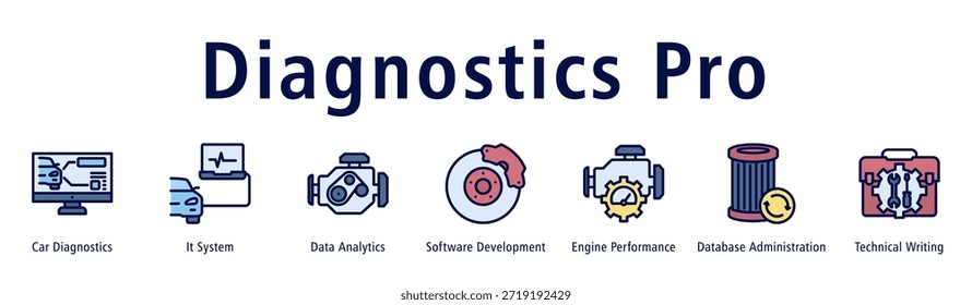 Diagnostics Pro Web-Banner-Symbol, Vektorgrafik mit Symbolen von Car Diagnostics, IT-System, Datenanalyse, Softwareentwicklung, Motorleistung, Datenbankadministration und technischem Schreiben.