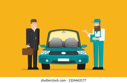 Diagnostics and repair of the machine. Client and mechanic. Flat vector.