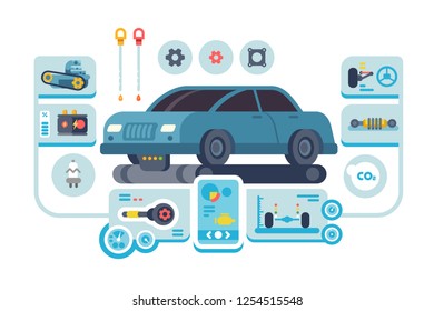 Diagnostics service of cars at auto station vector illustration. Automobile detailing with spare parts mechanisms and sensors flat style concept. Auto mechanic design