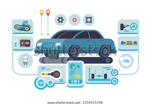 Diagnostics service of cars\
at auto station vector illustration. Automobile detailing with\
spare parts mechanisms and sensors flat style concept. Auto\
mechanic design