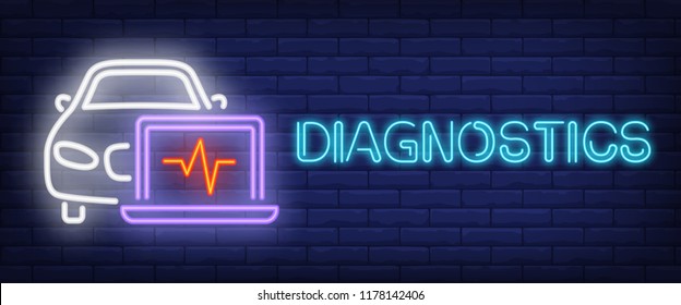 Diagnostics sign in neon style. Blue lettering, automobile and laptop with diagram. Night bright advertisement. Vector illustration for auto repair shop or service station