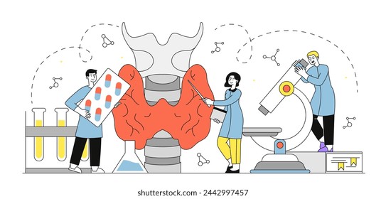 Diagnóstico simple de la glándula tiroides. Hombres y mujeres en uniforme médico con microscopio. Anatomía y biología. Atención y tratamiento de la salud. Doodle ilustración vectorial plana aislada sobre fondo blanco