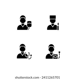 Diagnostics and treatment black glyph icons set on white space. Surgery and intensive care. Ultrasound screening. Physician. Silhouette symbols. Solid pictogram pack. Vector isolated illustration