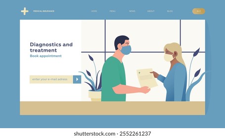 Diagnostics and Treatment. Medical Specialist and Patient in Masks Holding Paper Sheet in Medical Office on Abstract Background. Modern Flat Vector Illustration. Landing Page Template. Website Banner