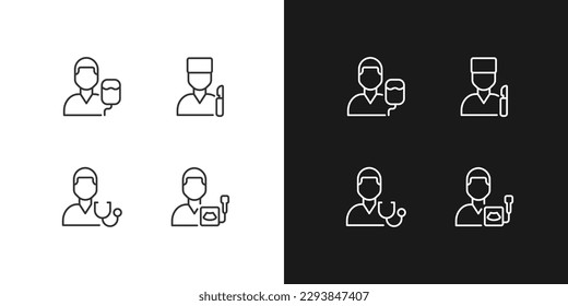 Diagnostics and treatment pixel perfect linear icons set for dark, light mode. Surgery and intensive care. Ultrasound. Thin line symbols for night, day theme. Isolated illustrations. Editable stroke