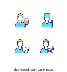 Diagnostics and treatment pixel perfect RGB color icons set. Surgery and intensive care. Ultrasound screening. Isolated vector illustrations. Simple filled line drawings collection. Editable stroke