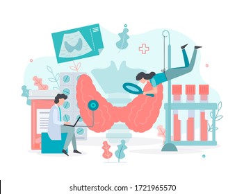 Diagnostics And Treatment Of Thyroid Diseases.  Thyroid  Health Concept Medical Concept With Tiny People. Flat Vector Illustration.